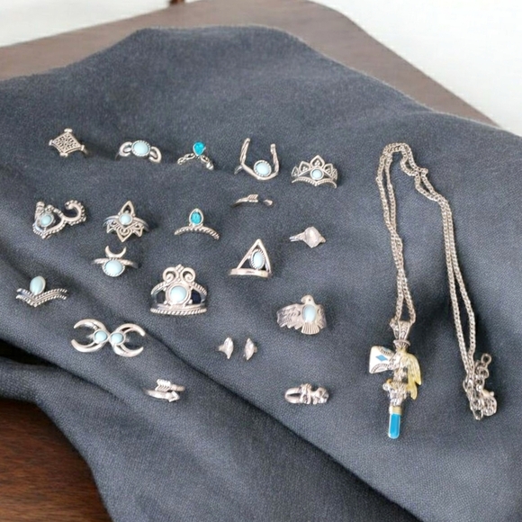 20 Pc. Silvertone Ring Necklace Lot Southwestern Aztec Boho Fashion Jewelry New - Picture 2 of 7